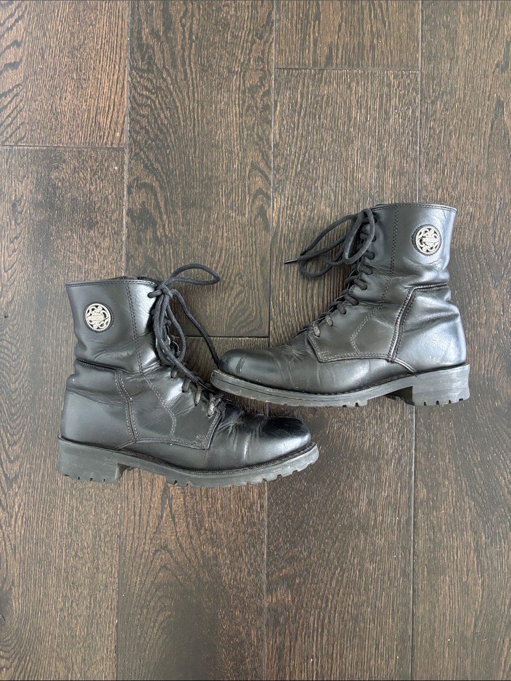 Harley Black Leather Lace-Up Combat Boots Vintage Y2K